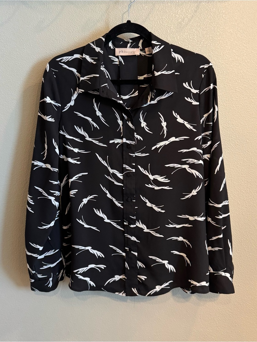 Philosophy Black and White Feather-Print Women’s Button-Down Shirt